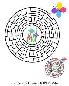 Labyrinth, maze conundrum for kids. Entry and exit. Children puzzle game. Help the butterfly reach the flowers. Vector illustration