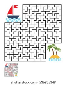 Labyrinth, maze conundrum for kids. Entry and exit. Children puzzle game. Help the ship to swim to the island. Vector illustration