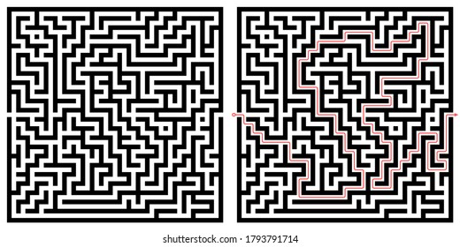 Labyrinth maze design. Find the way puzzle game with entrance and exit. Vector illustration.