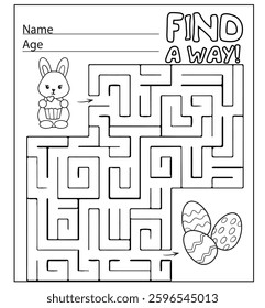 Labyrinth maze Easter bunny and Easter eggs holiday. Educational game for children.