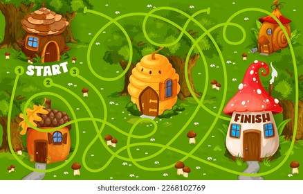 Labyrinth maze with fairytale cartoon houses. Child quiz or kindergarten children puzzle vector sheet, kids game with search way task. Child educational riddle with tree hut, forest fantasy dwelling