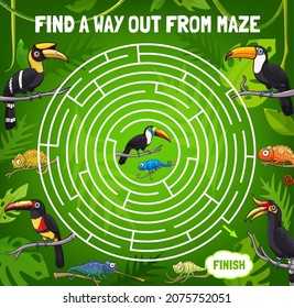 Labyrinth Maze, Find Way Out For Toucan And Chameleon, Vector Tabletop Riddle. Kids Escape Board Game Or Find Way Labyrinth Puzzle With Tropical Birds And Exotic Reptiles In Jungle Palms