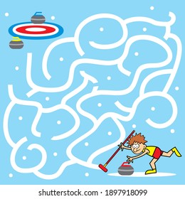 labyrinth, maze, fun, curling, find way to the target, vector illustration