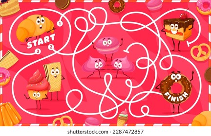 Labyrinth maze game cartoon bakery, sweets and dessert characters. Kids vector worksheet boardgame test with croissant, cake, muffin and donut or macaroon, waffle searching correct way on tangled path