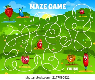 Labyrinth maze game, cartoon berry characters on yoga fitness, vector kids puzzle worksheet. Strawberry, raspberry and cranberry on fitness sport in labyrinth maze to find way with start and finish