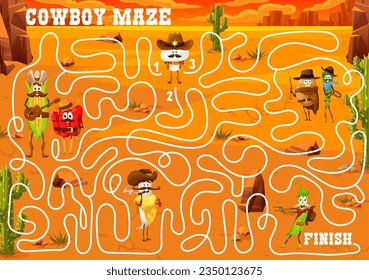 Labyrinth maze game cartoon cowboy, sheriff and bandit vegetable characters. Kids vector worksheet with corn, mushroom, bell pepper and radish. Potato, asparagus and bean in Texas desert with cacti