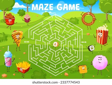 Labyrinth maze game cartoon fast food and desserts personages. Kids vector worksheet with chicken drumsticks, cupcake, crepe and cocktail. Potato chops, waffle, pop corn or bagel help roll find exit