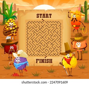 Labyrinth maze game, cartoon fruit western cowboy, ranger, sheriff and robber characters, vector quiz. Pineapple ranger, papaya cowboy and orange sheriff on kids labyrinth maze or find way game