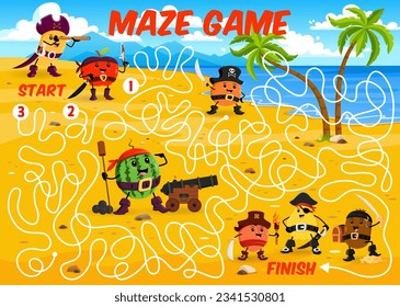 Labyrinth maze game. Cartoon fruit pirates and corsairs characters with treasure chest. Vector boardgame with funny mango, apple, watermelon, quince, orange, kiwi and peach with loot on tangled path