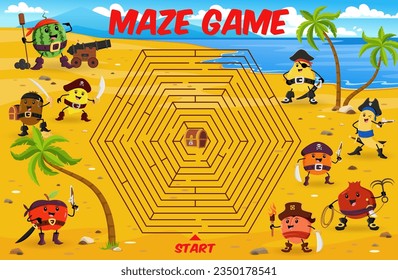 Labyrinth maze game. Cartoon fruit pirates and corsairs characters in tropical island with treasure chest. Kids vector worksheet with mango, kiwi or apple. Quince, banana, orange and garnet with peach