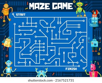 Labyrinth maze game, cartoon funny robots and droids, vector puzzle worksheet. Kids escape puzzle or labyrinth maze riddle on computer motherboard to search and find way out for robot toys