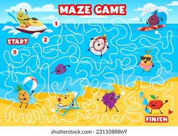 Labyrinth maze game, cartoon funny fruits on summer beach vacation. Kids vector boardgame with pear, dragon fruit, figs and plum. Pineapple, apple, grapes or quince having water fun on tangled path