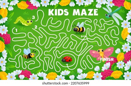 Labyrinth maze game, cartoon insect characters on summer meadow vector worksheet. Kids puzzle, riddle game or quiz of find way maze with butterfly, bee, ladybug, dragonfly, caterpillar and bumblebee