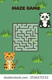 Labirinto labirinto jogo de desenho animado para crianças com animais selvagens panda e tigre