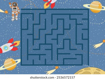 Labyrinth maze game cartoon for kids with galaxy rackets and cosmonaut  