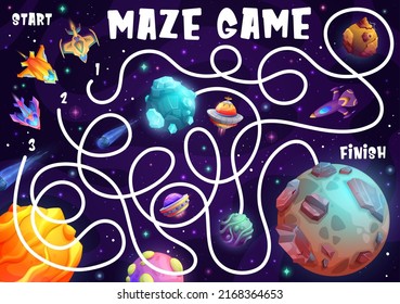 Labyrinth maze game cartoon space galaxy planets, spacecrafts and starship shuttles. Kids vector board game with path, start, finish and rockets, educational children riddle, preschool activity task