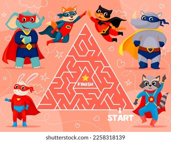 Labyrinth maze game. Cartoon superhero animal characters vector worksheet of kids puzzle with triangular labyrinth. Help super hero cat, dog, raccoon and bunny, elephant and rhino find right way