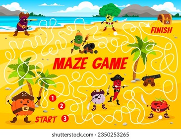 Labyrinth maze game with cartoon vegetable pirate or corsair characters, vector kids puzzle. Help tomato captain and pumpkin with garlic find way to pirate treasure chest on labyrinth maze worksheet