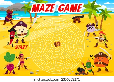 Labyrinth maze game, cartoon vegetable pirate or corsair characters and treasure chest. Kids vector worksheet with eggplant, chili pepper and carrot. Radish, garlic, avocado and pumpkin or cucumber