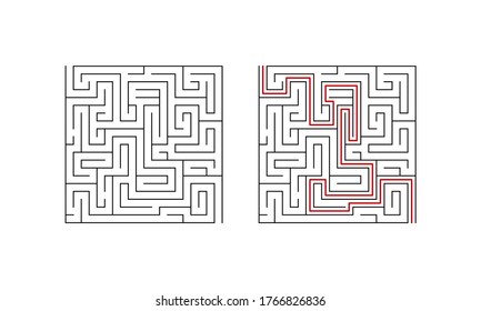 Labyrinth maze game for children. Geometric puzzle with solution. Vector illustration.