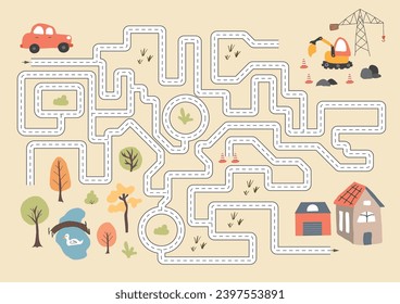 Labyrinth, Maze game for children. Logical puzzle for kids. Quest to find the right path for a car to the house. Vector illustration A4 - ready to print format.