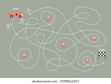 Labyrinth, Maze game for children. Logical puzzle for kids. Quest to find the right path for a race car to finish. Vector illustration A4 - ready to print format.
