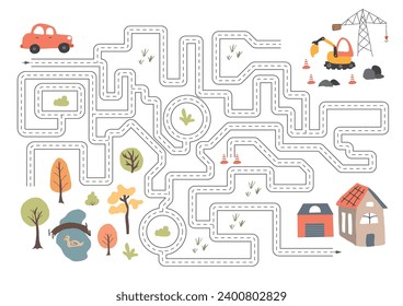 Labyrinth, Maze game for children. Logical puzzle for kids. Quest to find the right path for a car to the house. Vector illustration A4 - ready to print format.