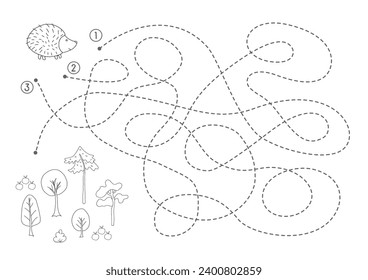 Laberinto, juego de Maze para niños. Rompecabezas lógico para los niños. Busca encontrar el camino correcto para un erizo al bosque. Ilustración vectorial A4 - formato listo para imprimir.