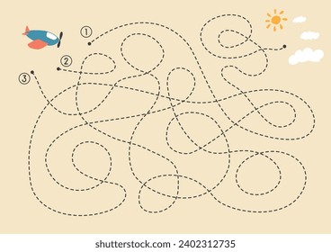 Labyrinth, Maze game for children. Logical puzzle for kids. Quest to find the right path for a plane to fly to the sky. Vector illustration A4 - ready to print format.