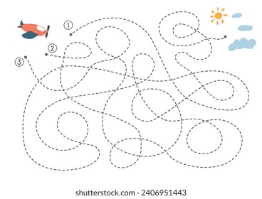 Labyrinth, Maze game for children. Logical puzzle for kids. Quest to find the right path for a plane to fly to the sky. Vector illustration A4 - ready to print format.