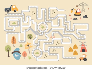 Laberinto, juego de Maze para niños. Rompecabezas lógico para los niños. Busca encontrar el camino correcto para que un camión llegue a la construcción. Ilustración vectorial A4 - formato listo para imprimir.