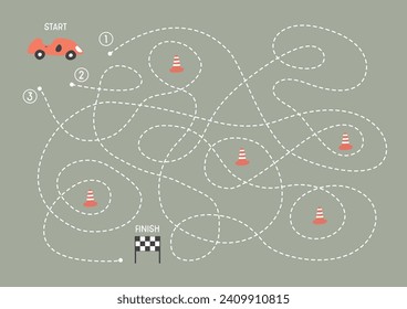 Laberinto, juego de Maze para niños. Rompecabezas lógico para los niños. Busca encontrar el camino correcto para terminar un coche de carreras. Ilustración vectorial A4 - formato listo para imprimir.