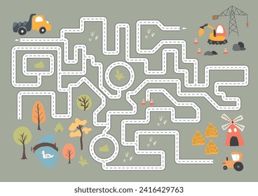 Labyrinth, Maze game for children. Logical puzzle for kids. Quest to find the right path for a truck to construction site. Vector illustration A4 - ready to print format.