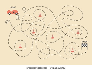 Labyrinth, Maze game for children. Logical puzzle for kids. Quest to find the right path for a race car to finish. Vector illustration A4 - ready to print format.