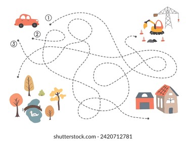 Labyrinth, Maze game for children. Logical puzzle for kids. Quest to find the right path for a car to the house. Vector illustration A4 - ready to print format.