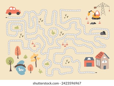 Laberinto, juego de Maze para niños. Rompecabezas lógico para los niños. Busca encontrar el camino correcto para un auto a la casa. Ilustración vectorial A4 - formato listo para imprimir.