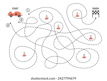 Labyrinth, Maze game for children. Logical puzzle for kids. Quest to find the right path for a race car to finish. Vector illustration A4 - ready to print format.