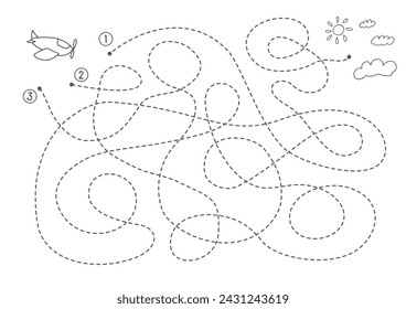 Labyrinth, Maze game for children. Logical puzzle for kids. Quest to find the right path for a plane to fly to the sky. Vector illustration A4 - ready to print format.