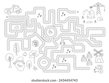 Labyrinth, Maze game for children. Logical puzzle for kids. Quest to find the right path for a truck to construction site. Vector illustration A4 - ready to print format.