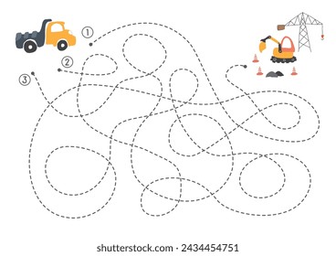 Labyrinth, Maze game for children. Logical puzzle for kids. Quest to find the right path for a truck to construction site. Vector illustration A4 - ready to print format.