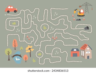 Labyrinth, Maze game for children. Logical puzzle for kids. Quest to find the right path for a car to the house. Vector illustration A4 - ready to print format.