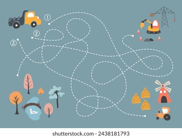 Laberinto, juego de laberinto para niños. Rompecabezas lógico para niños. Busca encontrar el camino correcto para un camión a la construcción. Ilustración vectorial A4 - listo para imprimir formato.