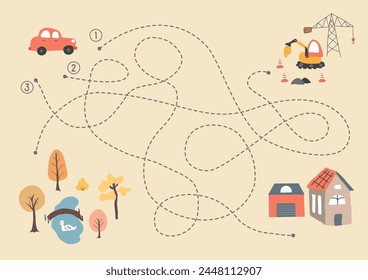 Laberinto, juego de laberinto para niños. Rompecabezas lógico para niños. Busca encontrar el camino correcto para un coche a la casa. Ilustración vectorial A4: formato listo para imprimir.