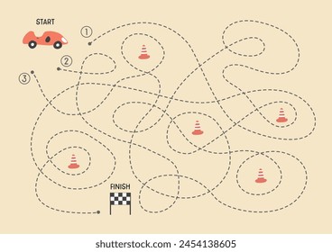 Labyrinth, Maze game for children. Logical puzzle for kids. Quest to find the right path for a race car to finish. Vector illustration A4 - ready to print format.