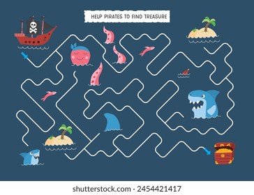 Labyrinth, Maze game for children. Logical puzzle for kids. Quest to find the right path for a Pirate Ship to treasure. Vector illustration A4 - ready to print format.