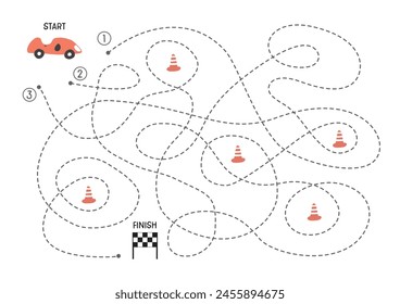 Laberinto, juego de laberinto para niños. Rompecabezas lógico para niños. Busca encontrar el camino correcto para que un coche de carreras termine. Ilustración vectorial A4: formato listo para imprimir.