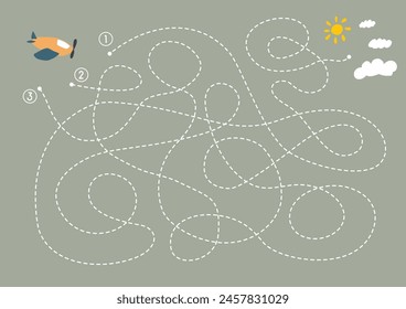 Labyrinth, Maze game for children. Logical puzzle for kids. Quest to find the right path for a plane to fly to the sky. Vector illustration A4 - ready to print format.