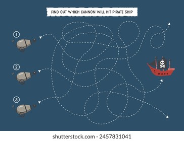 Labyrinth, Maze game for children. Logical puzzle for kids. Quest to find the right cannon to hit Pirate Ship. Vector illustration A4 - ready to print format.