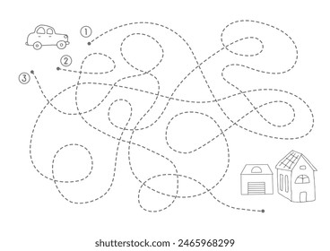 Labyrinth, Maze game for children. Logical puzzle for kids. Quest to find the right path for a car to the house. Vector illustration A4 - ready to print format.