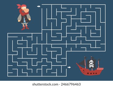 Labyrinth, Maze game for children. Logical puzzle for kids. Quest to find the right path for a Pirate to his ship. Vector illustration A4 - ready to print format.